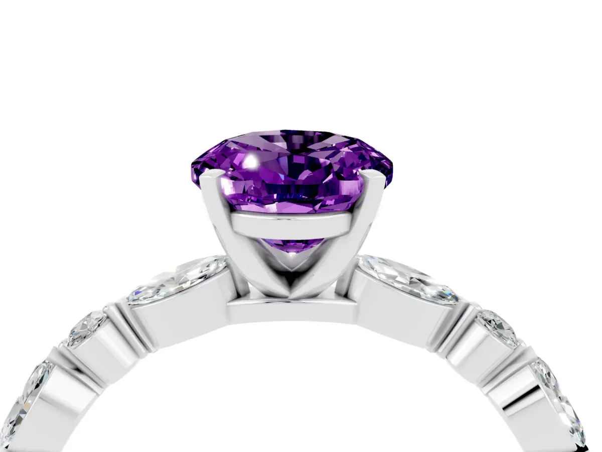 Oval Cut Amethyst Ring with Marquise and Round Side Stones and Four-Prong Setting Platinum