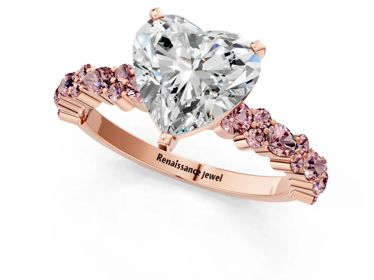 Heart Cut Diamond Side Stone Solitaire Ring with Round Morganite and Four-Prong Setting Rose gold