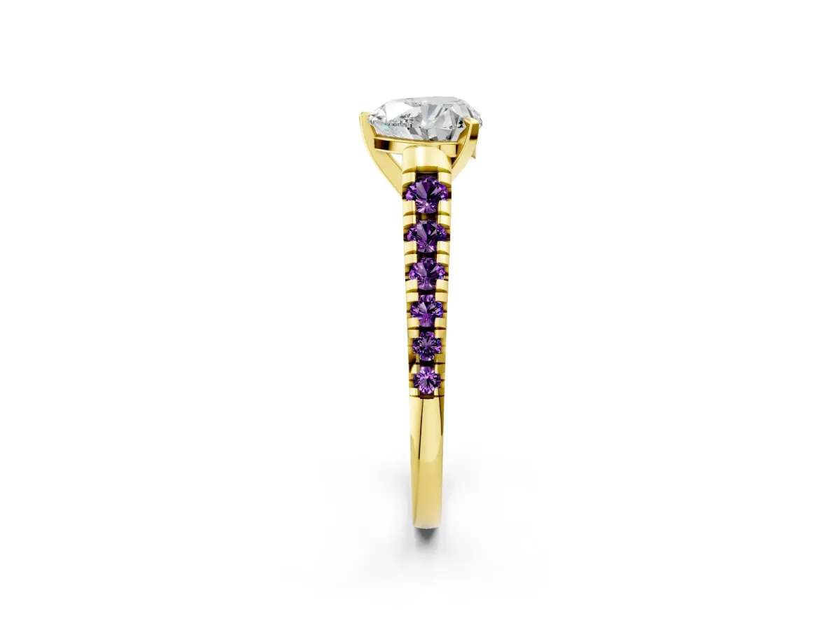 Heart Cut Diamond Cathedral Solitaire Ring with Round Amethyst Pavé Band Yellow gold