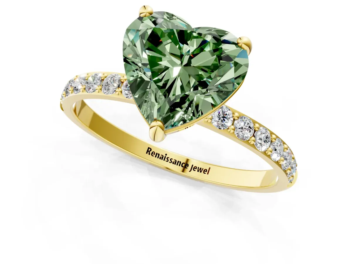 Fancy Green Heart Cut Diamond Solitaire Ring with Round Pavé Band and Prong Setting Yellow gold