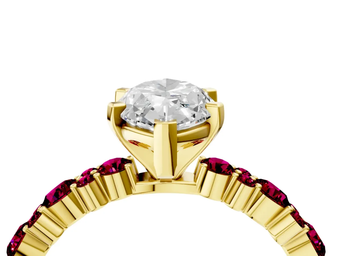 Marquise Cut Diamond Side Stone Solitaire Ring with Round Garnet and Four-Prong Setting Yellow gold