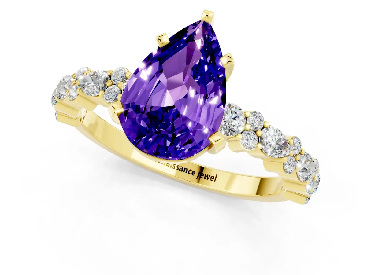 Pear Cut Tanzanite Side Stone Solitaire Ring with Round and Four-Prong Setting Yellow gold