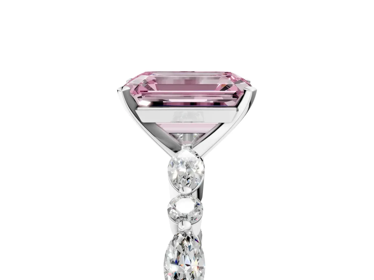 Fancy Pink Emerald Cut Diamond Ring with Marquise and Round Side Stones and Four-Prong Setting White gold
