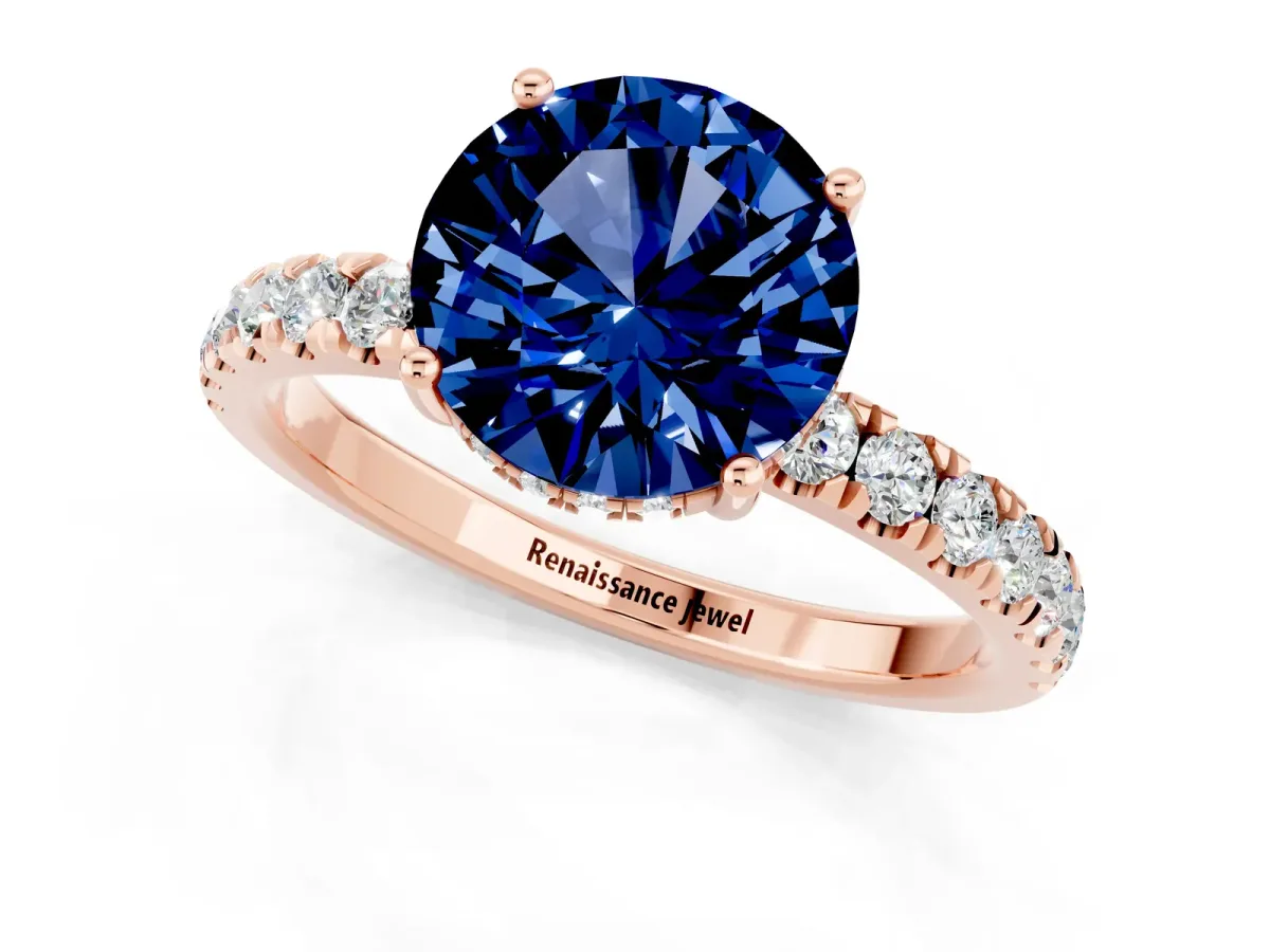 Round Cut Blue Sapphire Pave Band Solitaire Ring with Round and Prong Setting Rose gold