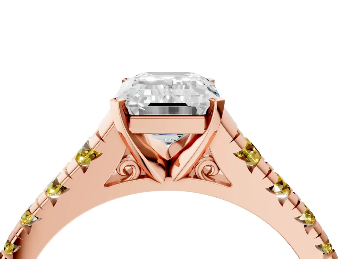 Emerald Cut Diamond Cathedral Solitaire Ring with Round Yellow Sapphire Pavé Band Rose gold