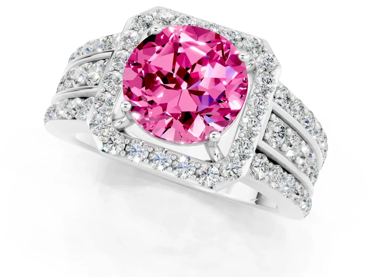 Round Cut Halo Pink Sapphire Ring with Round Split Shank and Prong Setting White gold