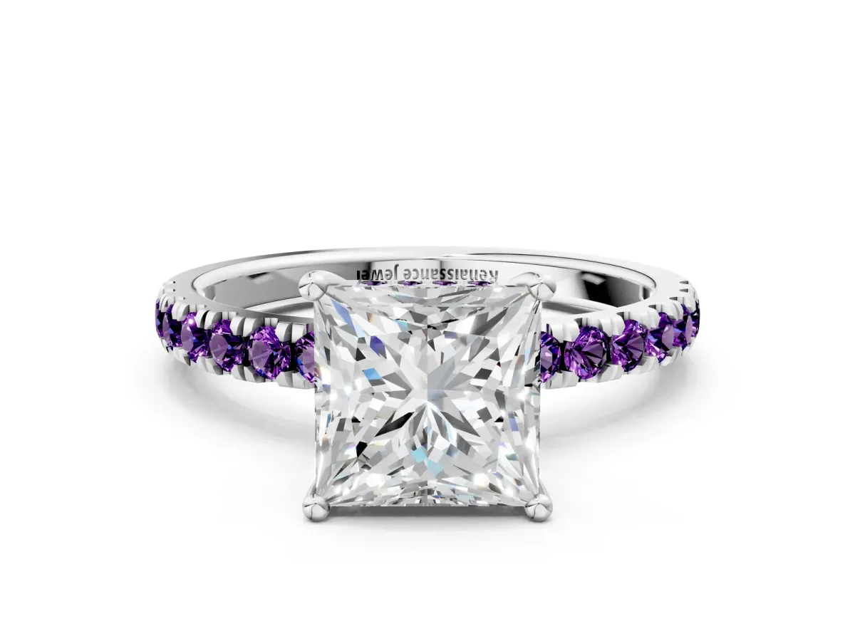 Princess Cut Diamond Pave Band Solitaire Ring with Round Amethyst and Prong Setting Silver