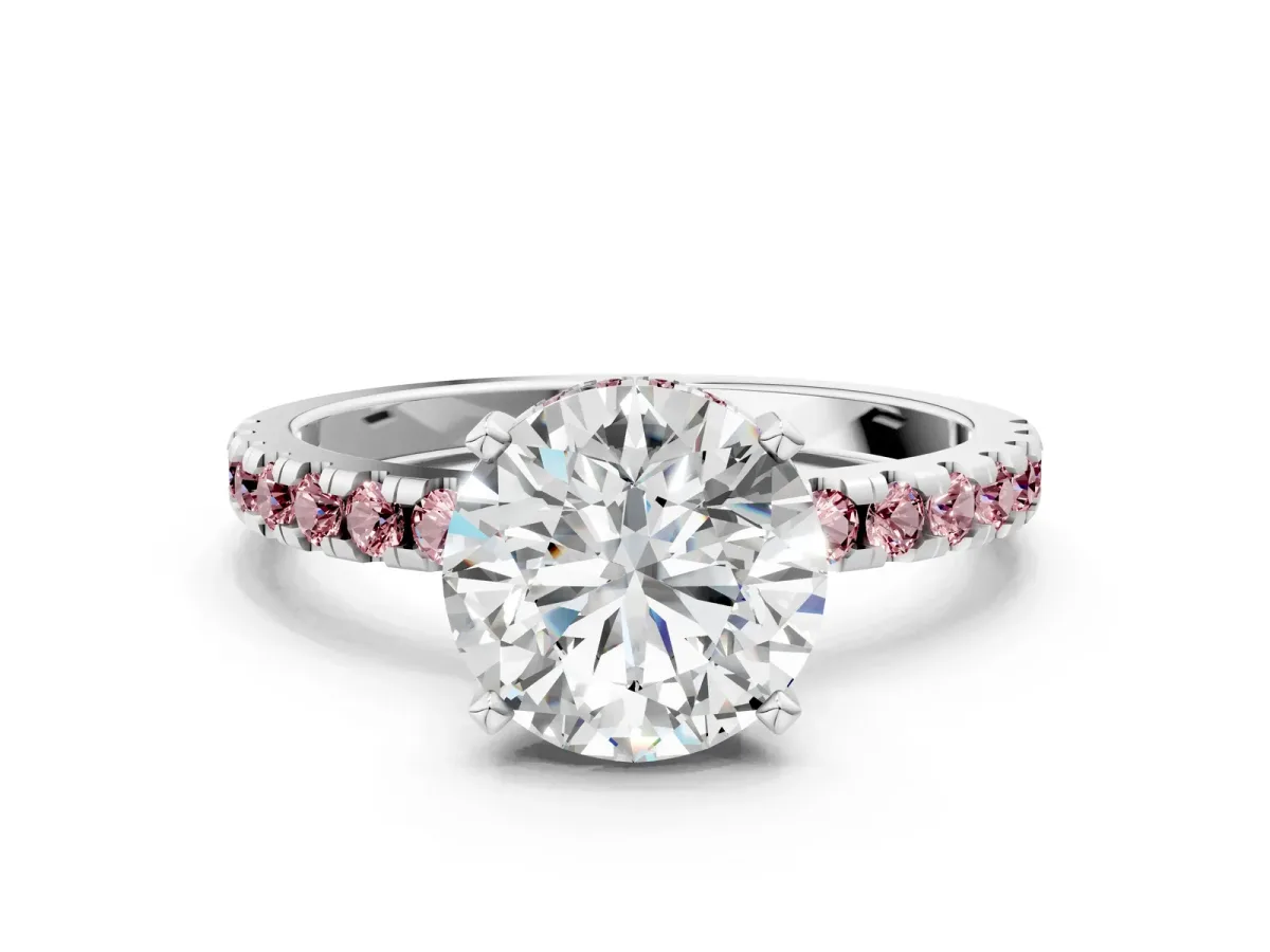 Round Cut Diamond Solitaire Ring with Round Morganite Pavé Band and Four-Prong Setting Silver