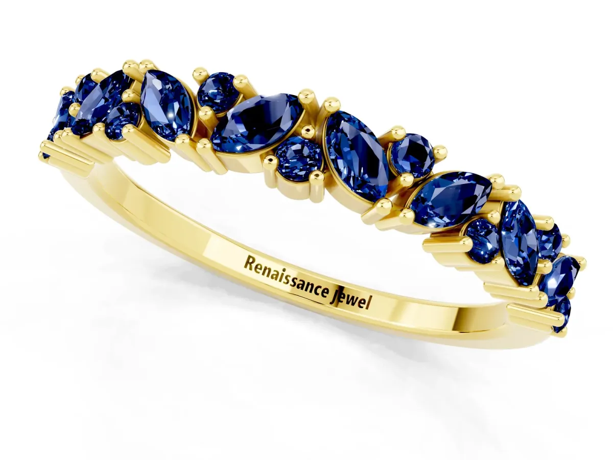 Marquise and Round Blue Sapphire Vine Eternity Band with Prong Setting Yellow gold