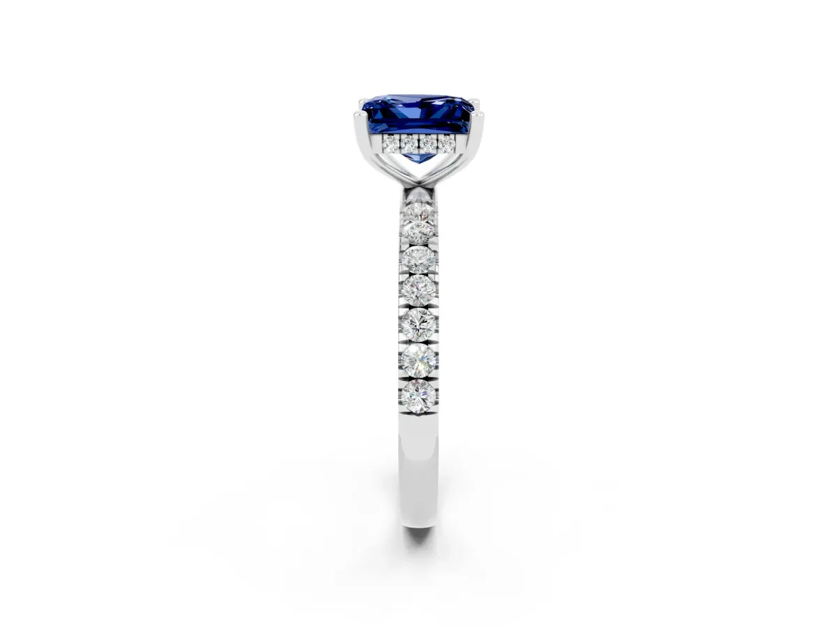 Princess Cut Blue Sapphire Pave Band Solitaire Ring with Round and Prong Setting Platinum