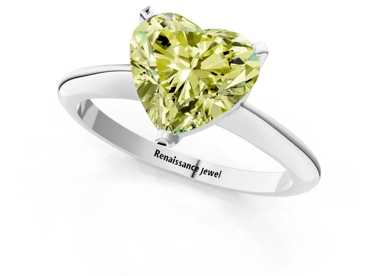 Fancy Yellow Heart Cut Diamond Solitaire Engagement Ring with Classic Band and Four-Prong Setting Silver