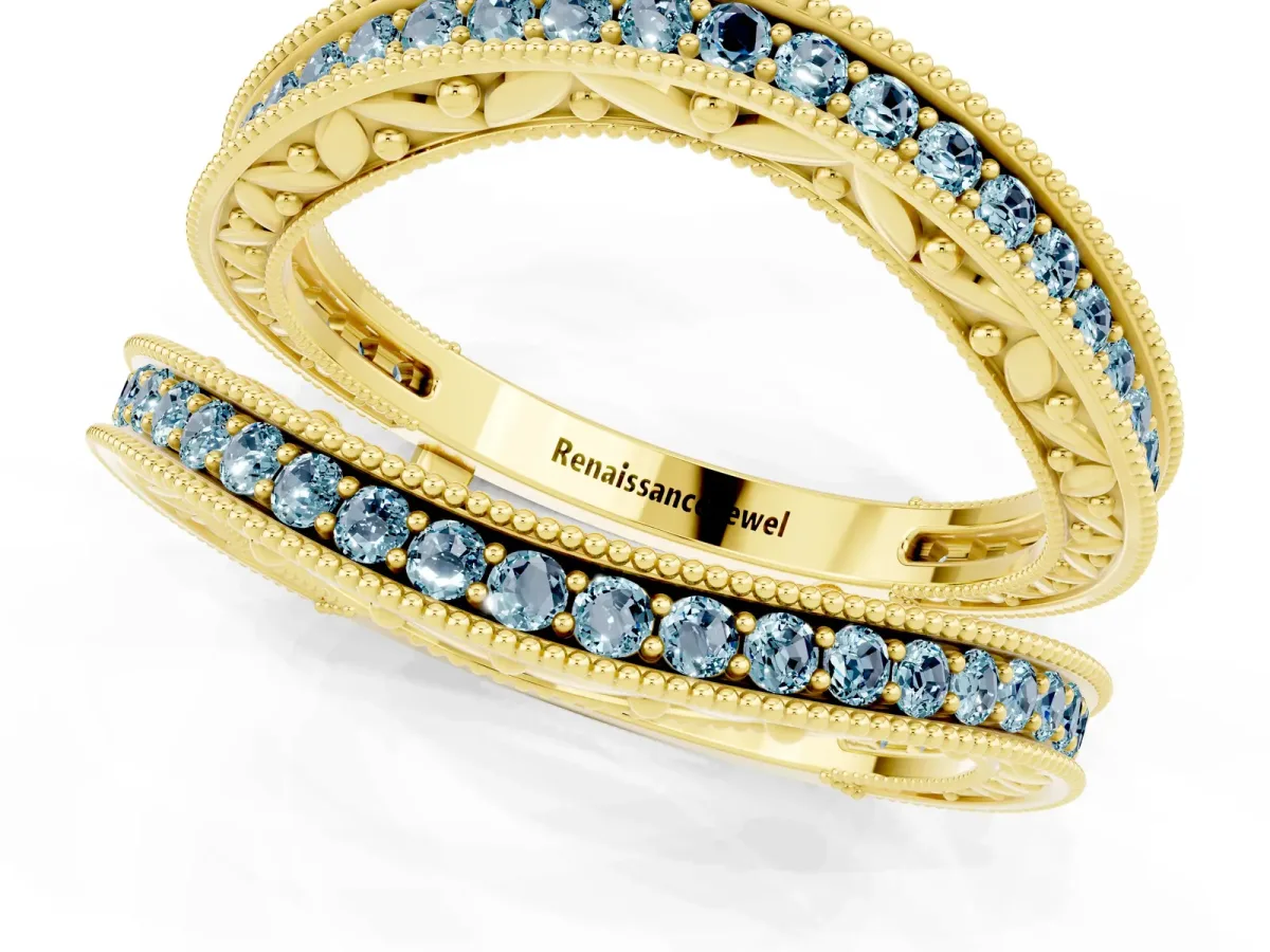 Round Aquamarine Milgrain Eternity Band with Channel Setting Yellow gold