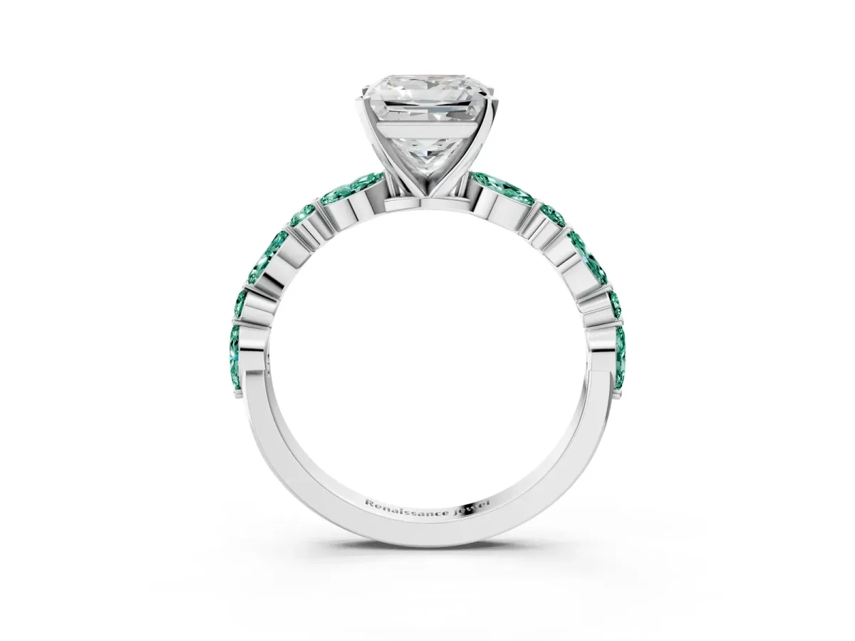 Princess Cut Diamond Ring with Marquise and Round Green Sapphire Side Stones and Four-Prong Setting Silver