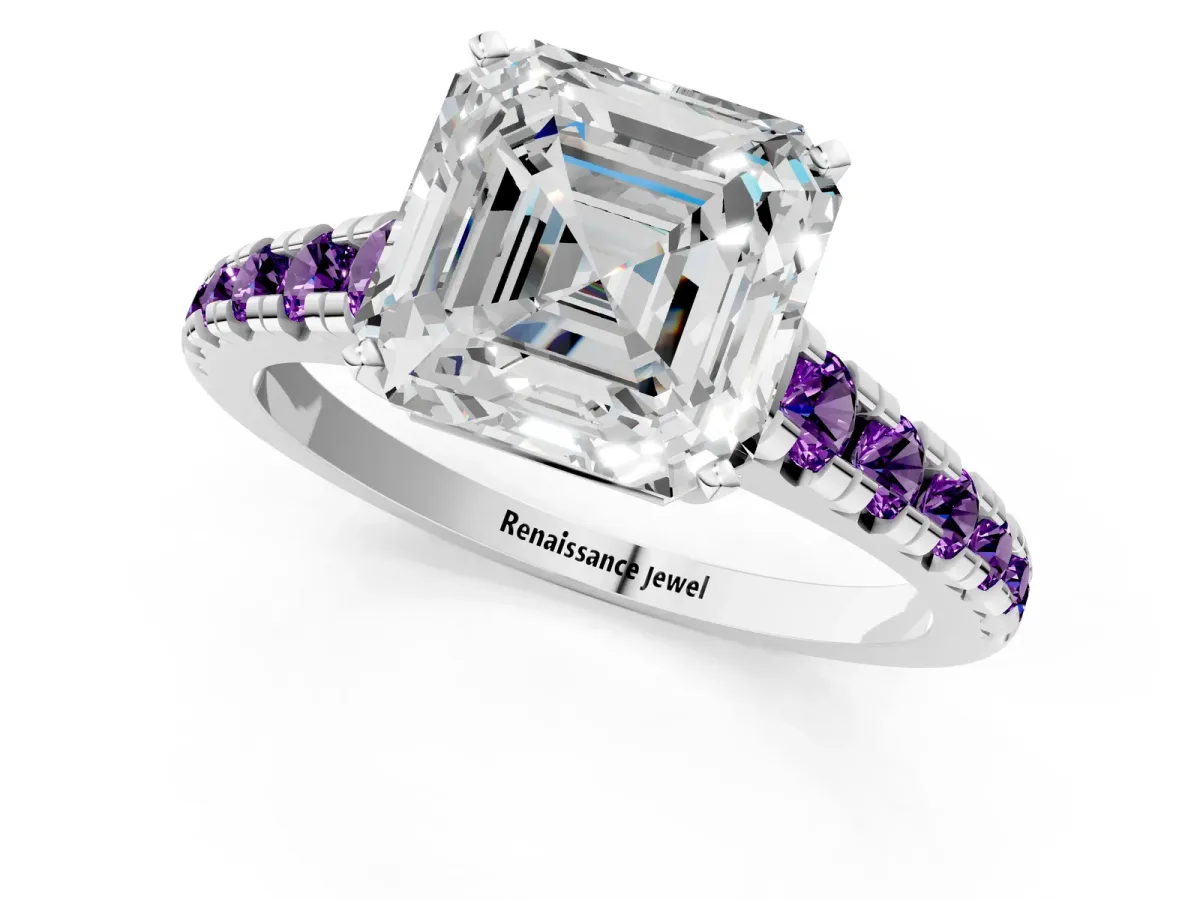 Asscher Cut Diamond Cathedral Solitaire Ring with Round Amethyst Pavé Band Platinum