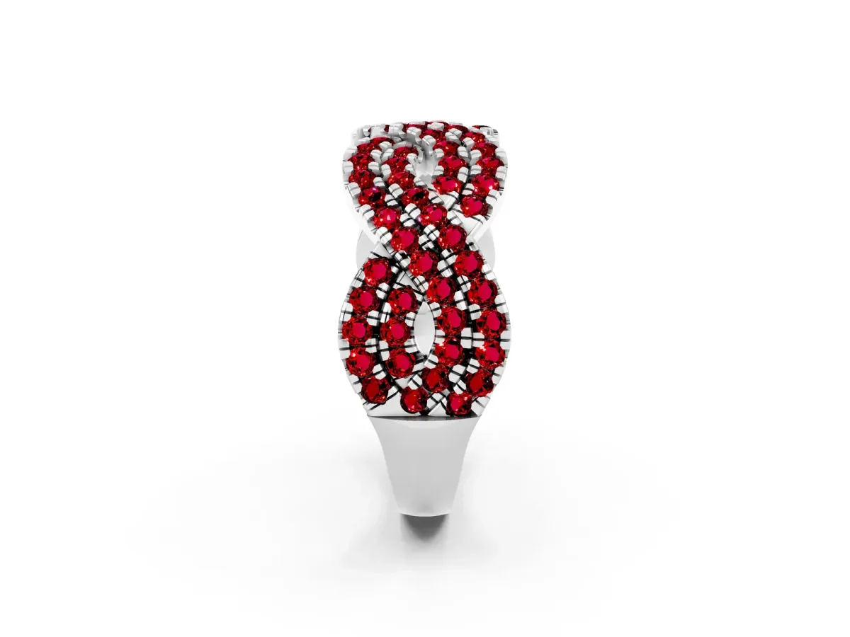 Pavé Round Ruby Infinity Twist Band with Shared Prong Setting Silver
