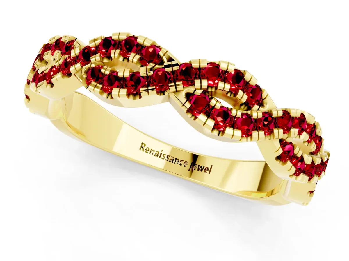 Round Ruby Twisted Eternity Band with Pavé and Shared Prong Setting Yellow gold