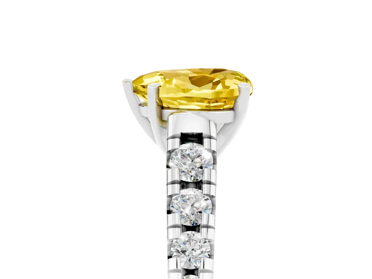 Heart Cut Yellow Sapphire Cathedral Solitaire Ring with Round Pavé Band Platinum