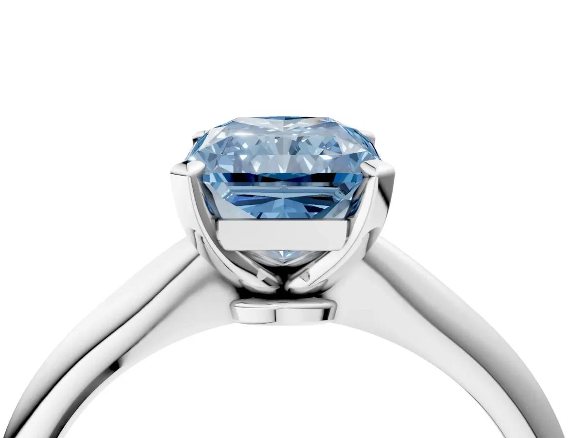 Fancy Blue Radiant Cut Diamond Solitaire Engagement Ring with Classic Band and Four-Prong Setting Silver