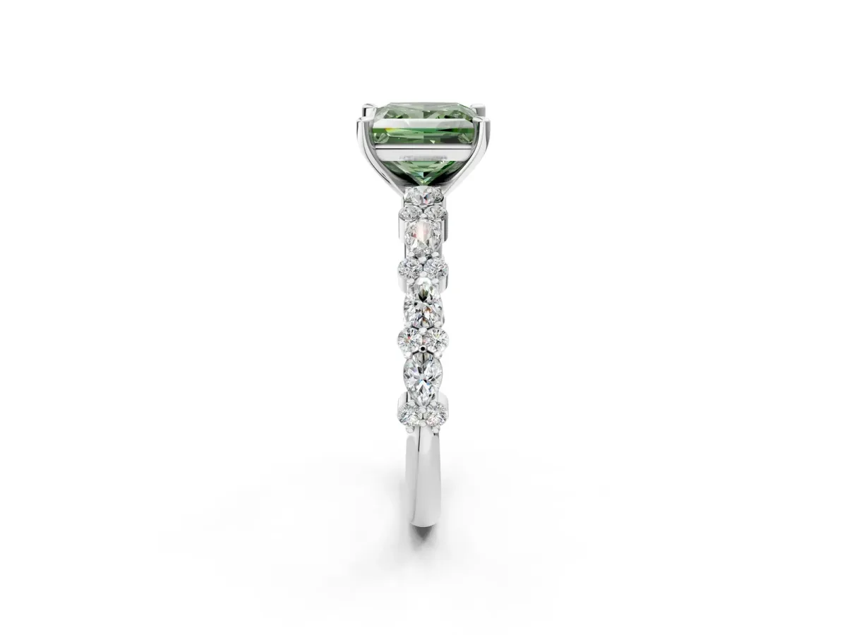 Fancy Green Princess Cut Diamond Side Stone Solitaire Ring with Round and Four-Prong Setting Platinum