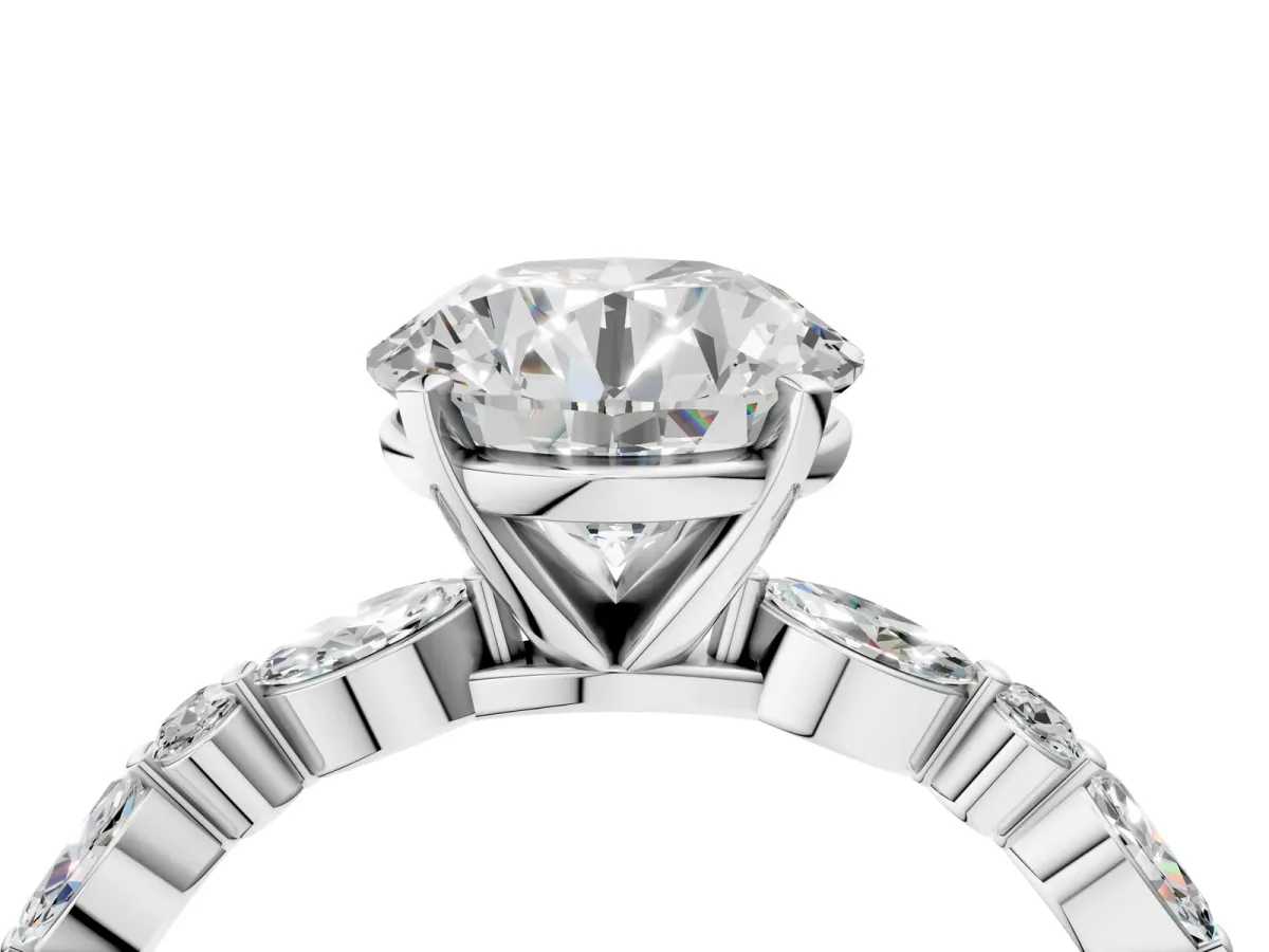 Round Cut Diamond Ring with Marquise and Round Moissanite Side Stones and Four-Prong Setting Silver
