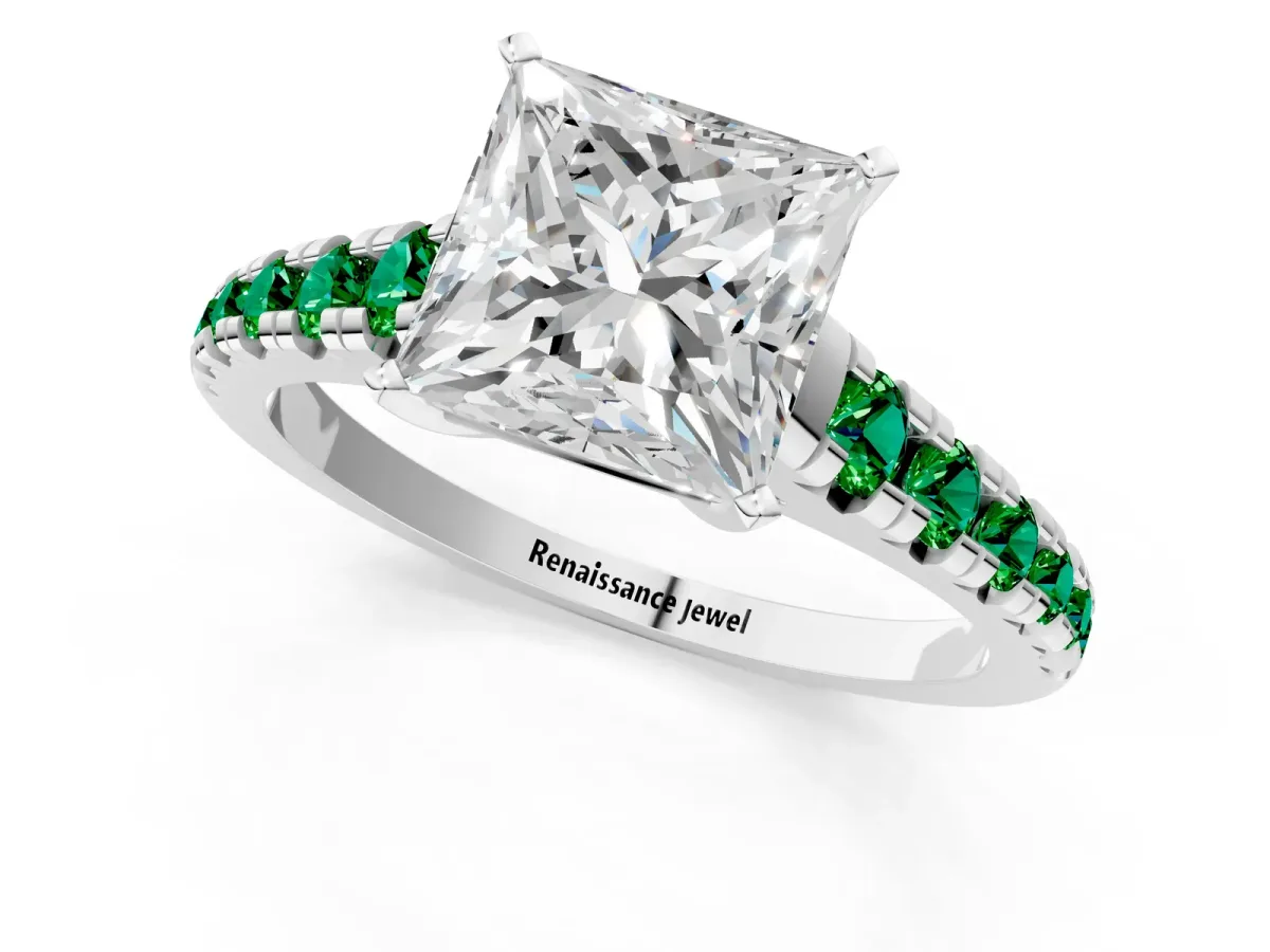 Princess Cut Diamond Cathedral Solitaire Ring with Round Emerald Pavé Band Platinum