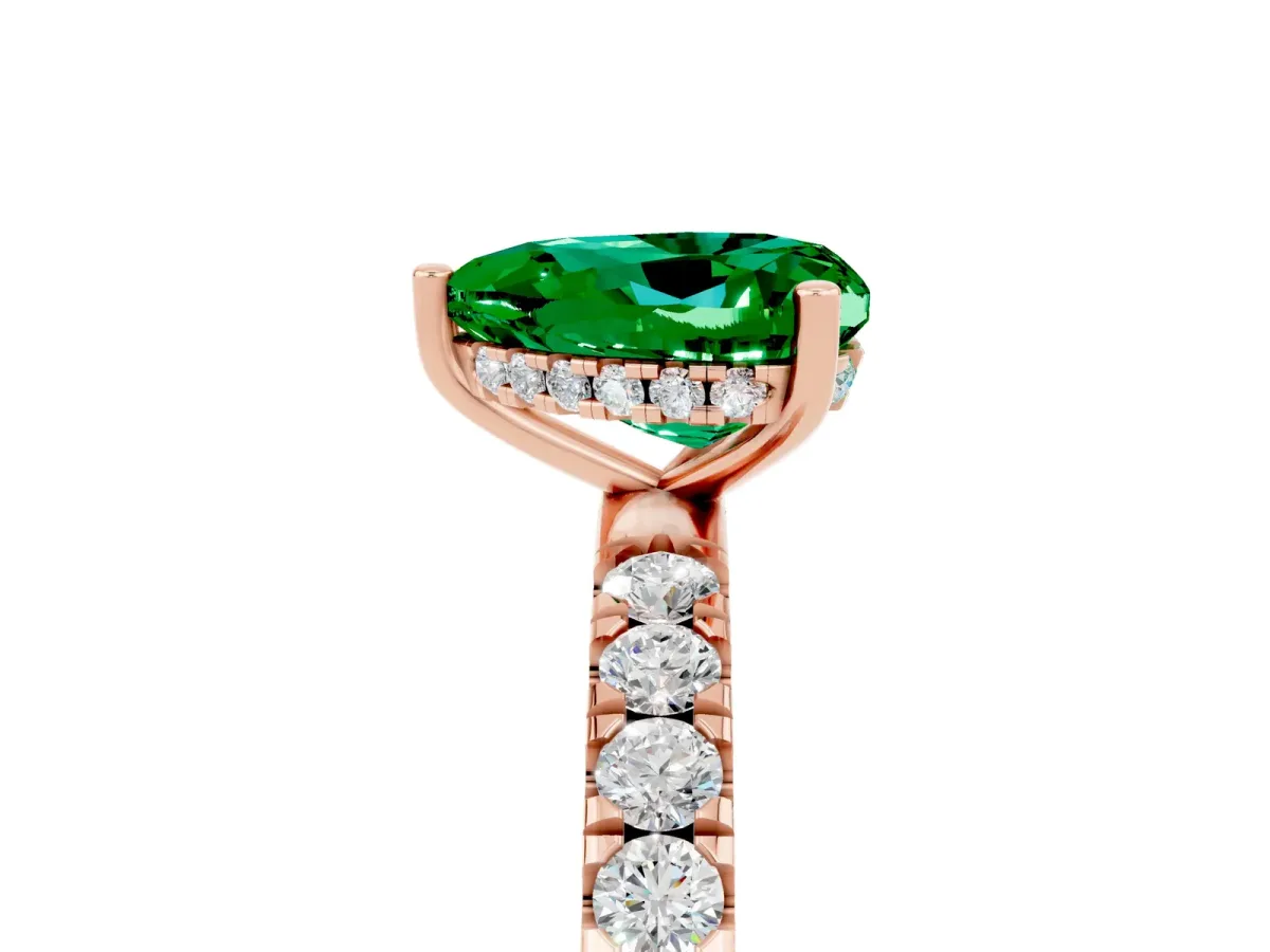 Heart Cut Emerald Pave Band Solitaire Ring with Round and Prong Setting Rose gold