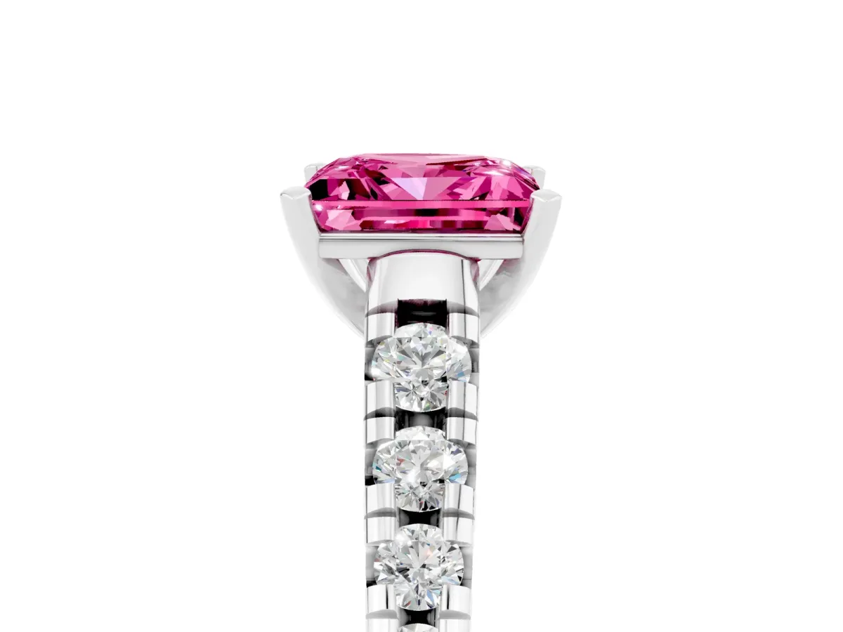 Princess Cut Pink Sapphire Cathedral Solitaire Ring with Round Pavé Band Platinum