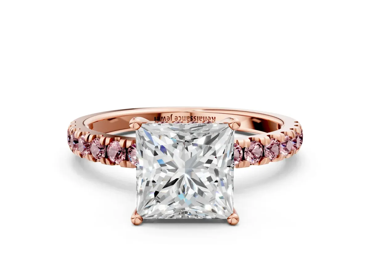 Princess Cut Diamond Pave Band Solitaire Ring with Round Morganite and Prong Setting Rose gold