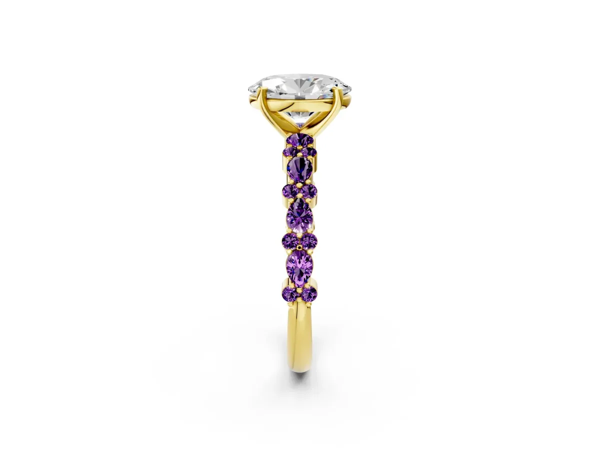 Oval Cut Diamond Side Stone Solitaire Ring with Round Amethyst and Four-Prong Setting Yellow gold