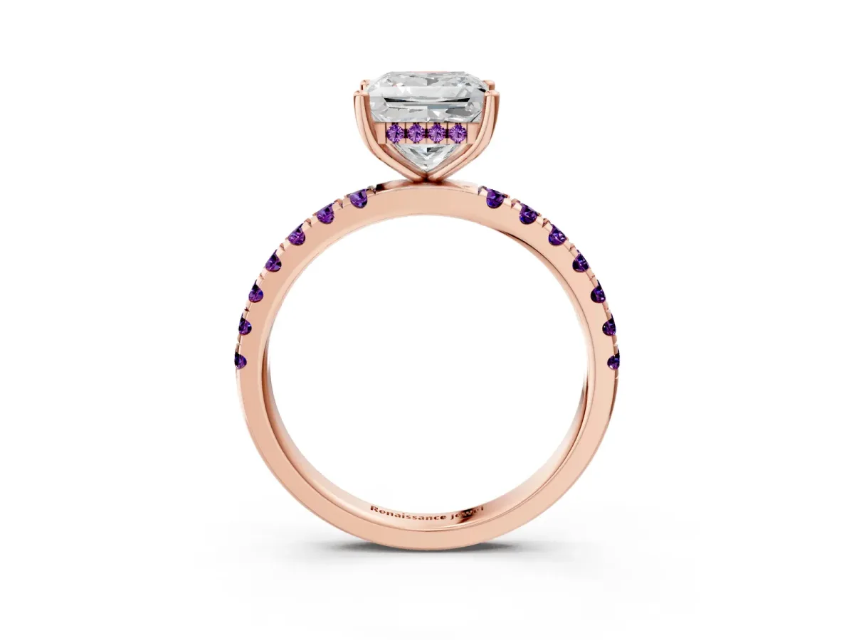 Princess Cut Diamond Pave Band Solitaire Ring with Round Amethyst and Prong Setting Rose gold