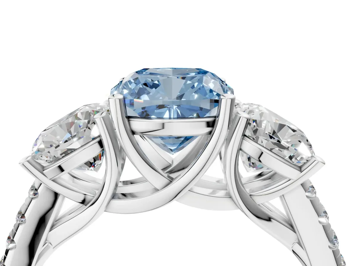 Fancy Blue Three-Stone Cushion Cut Diamond Ring with Round Pavé Band and Prong Setting White gold
