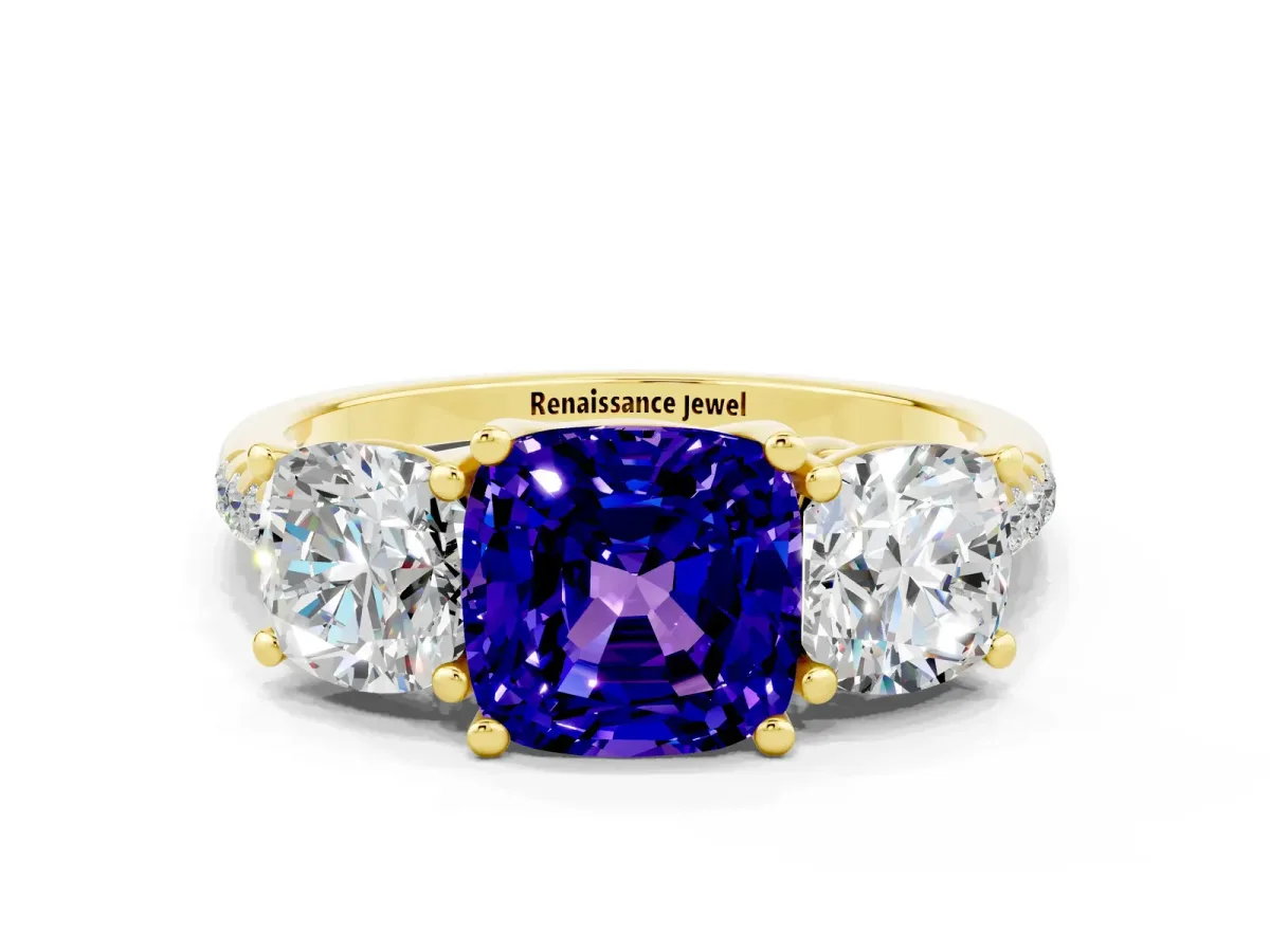 Three-Stone Cushion Cut Tanzanite Ring with Round Pavé Band and Prong Setting Yellow gold