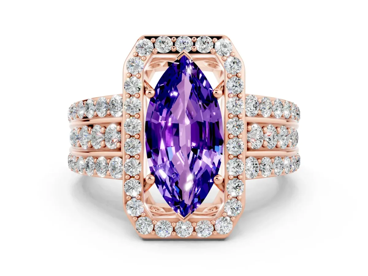 Marquise Cut Halo Tanzanite Ring with Round Split Shank and Prong Setting Rose gold