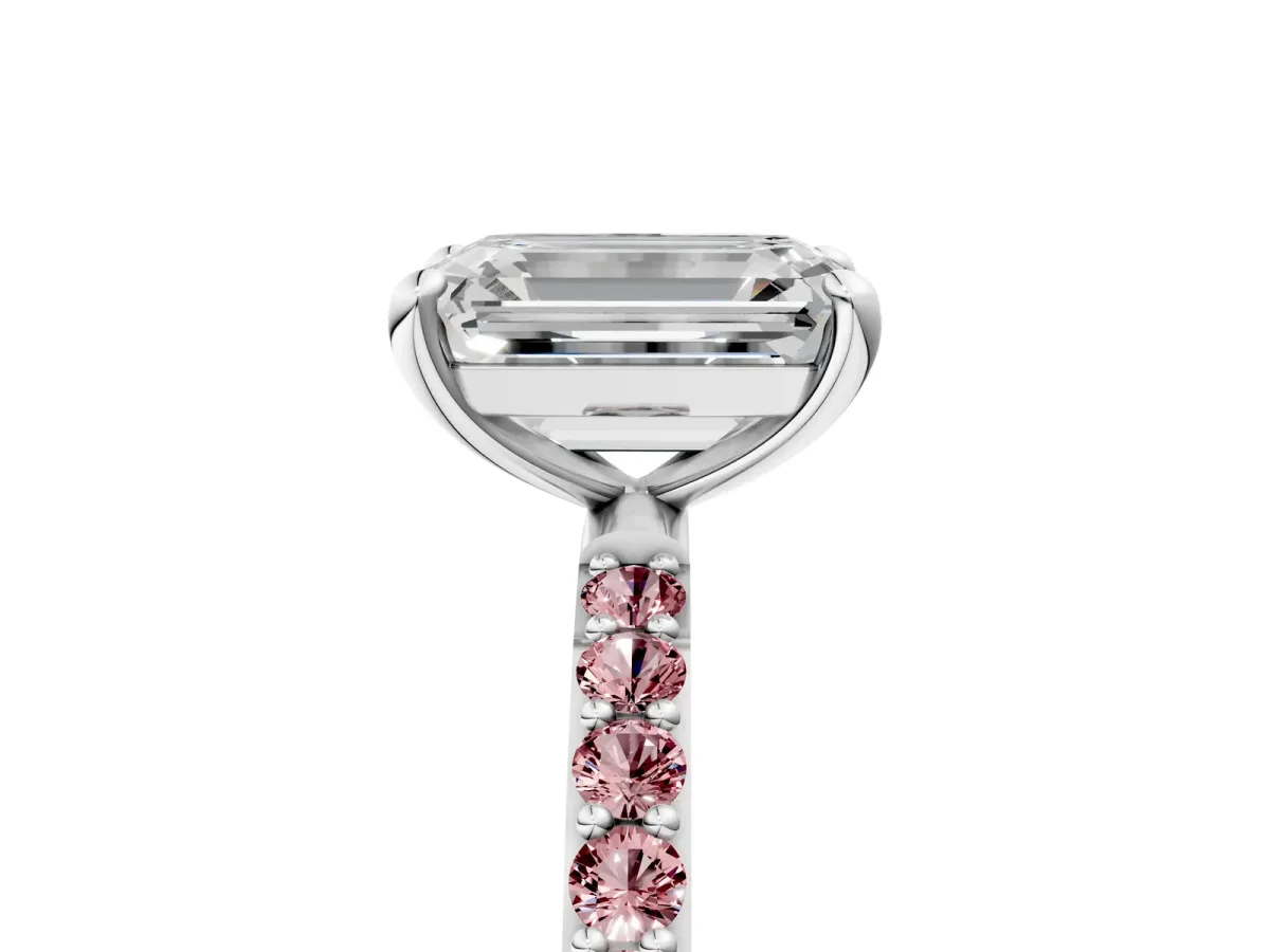 Emerald Cut Diamond Solitaire Ring with Round Morganite Pavé Band and Prong Setting Silver