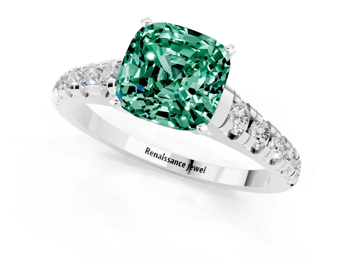 Cushion Cut Green Sapphire Cathedral Solitaire Ring with Round Pavé Band Silver