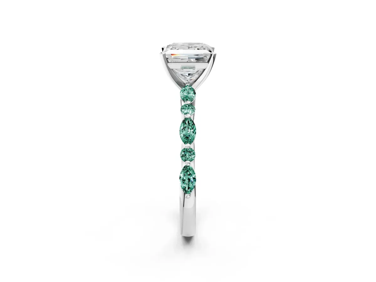 Princess Cut Diamond Ring with Marquise and Round Green Sapphire Side Stones and Four-Prong Setting Silver