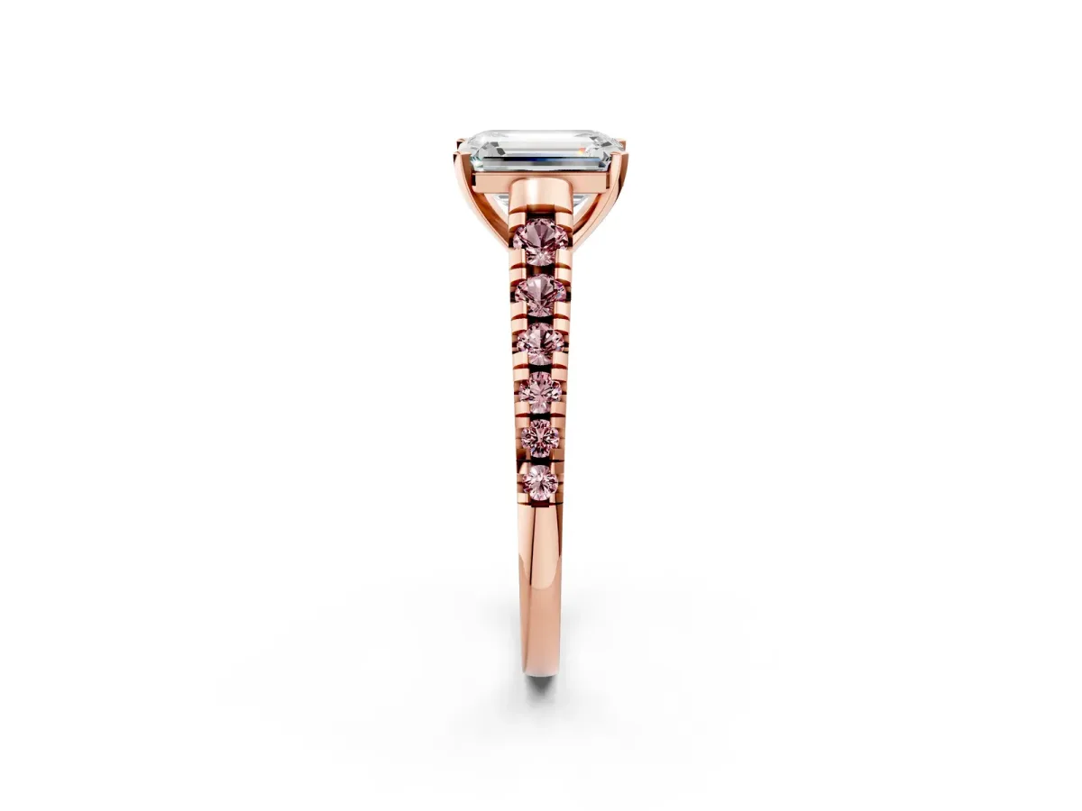 Emerald Cut Diamond Cathedral Solitaire Ring with Round Morganite Pavé Band Rose gold