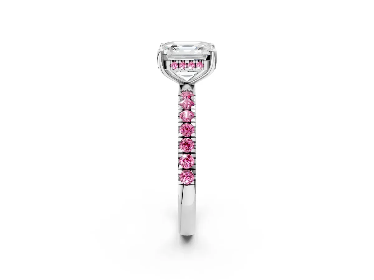 Asscher Cut Diamond Pave Band Solitaire Ring with Round Pink Sapphire and Prong Setting Platinum