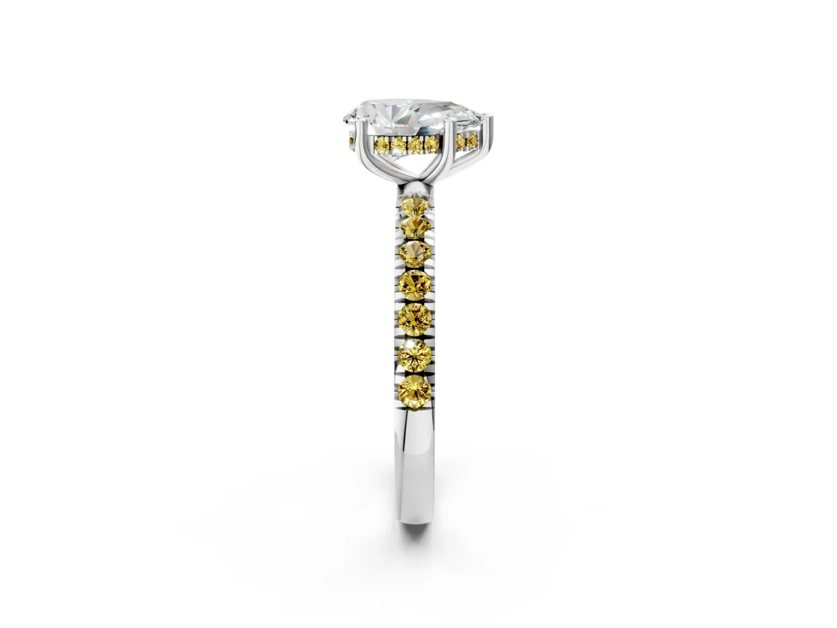 Pear Cut Diamond Pave Band Solitaire Ring with Round Yellow Sapphire and Prong Setting White gold