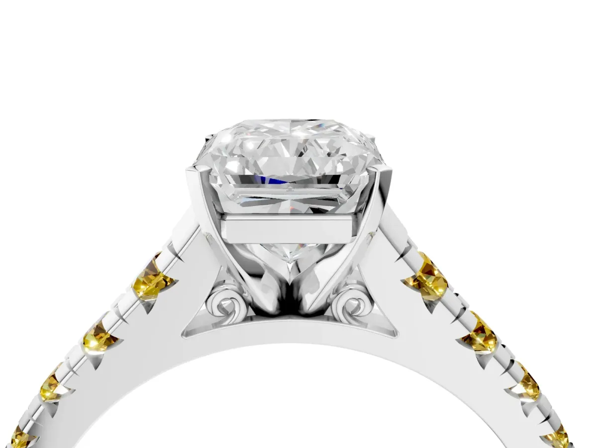 Radiant Cut Diamond Cathedral Solitaire Ring with Round Yellow Sapphire Pavé Band Silver