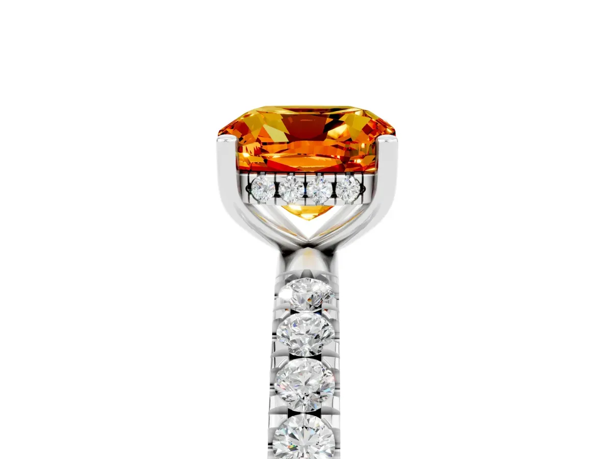 Cushion Cut Citrine Pave Band Solitaire Ring with Round and Prong Setting Silver