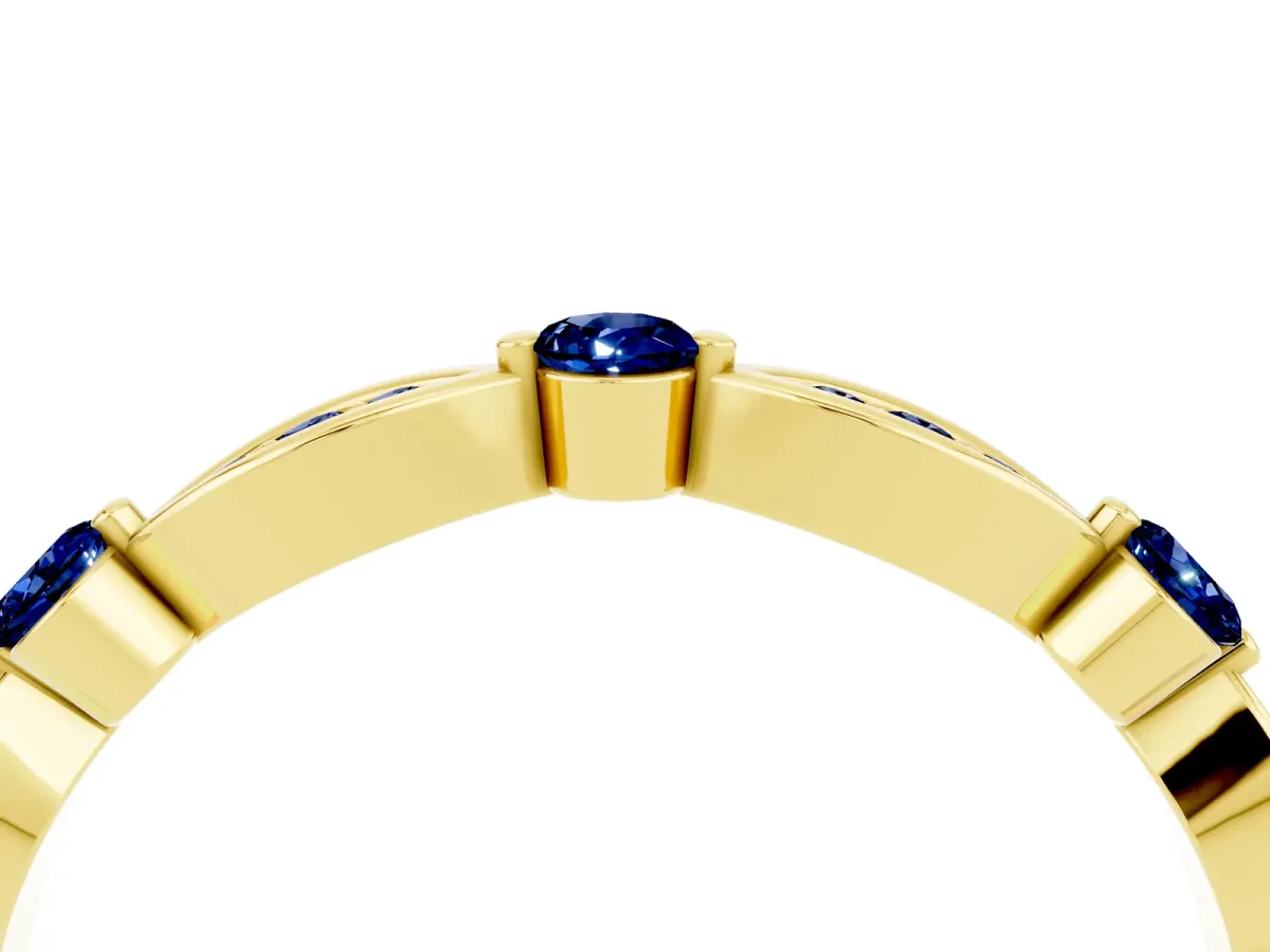 Marquise and Round Blue Sapphire Milgrain Band with Bezel Setting Yellow gold
