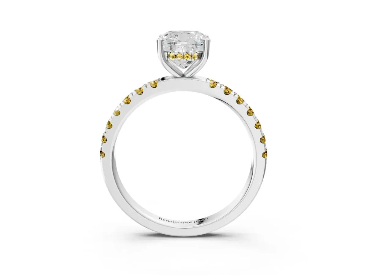 Cushion Cut Diamond Pave Band Solitaire Ring with Round Yellow Sapphire and Prong Setting Silver