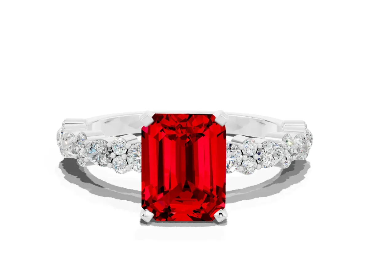 Emerald Cut Ruby Side Stone Solitaire Ring with Round and Four-Prong Setting White gold