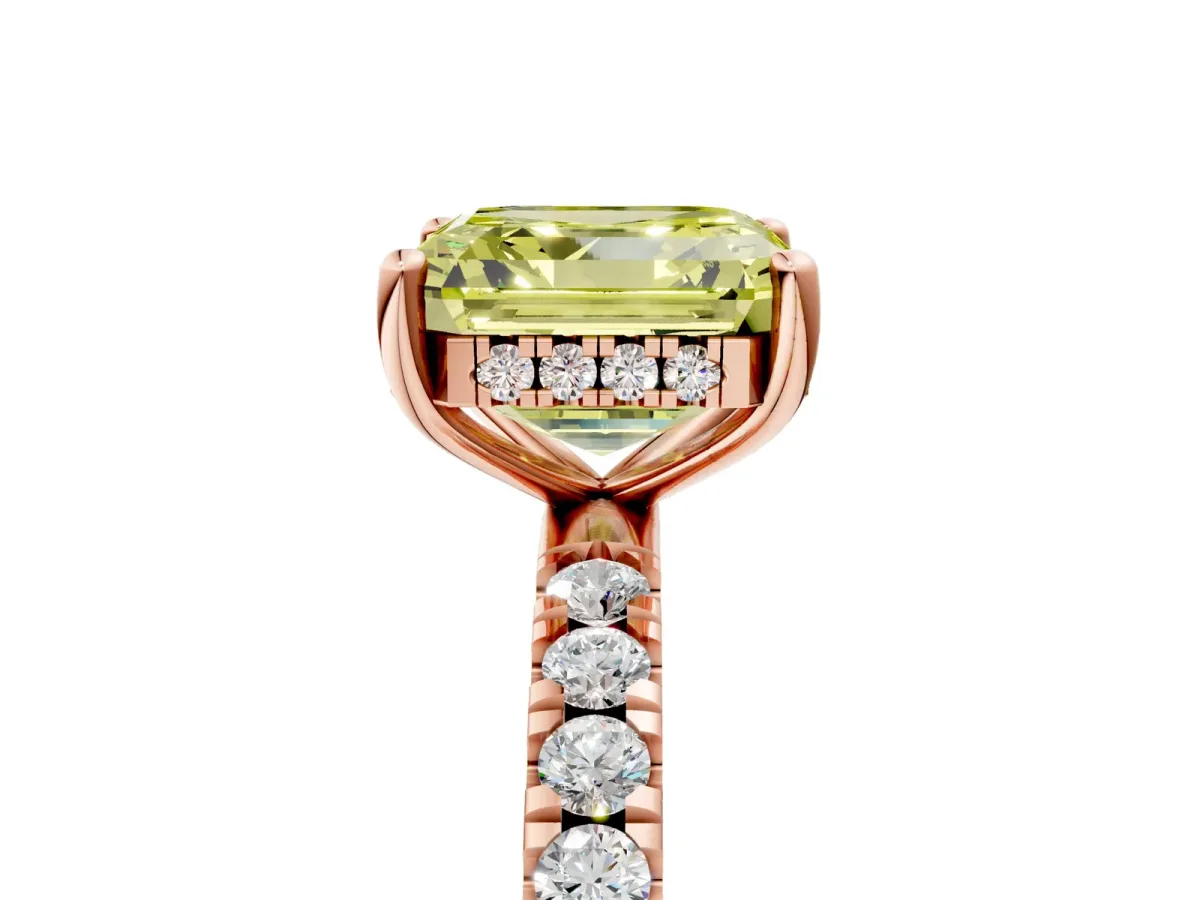 Fancy Yellow Asscher Cut Diamond Pave Band Solitaire Ring with Round and Prong Setting Rose gold
