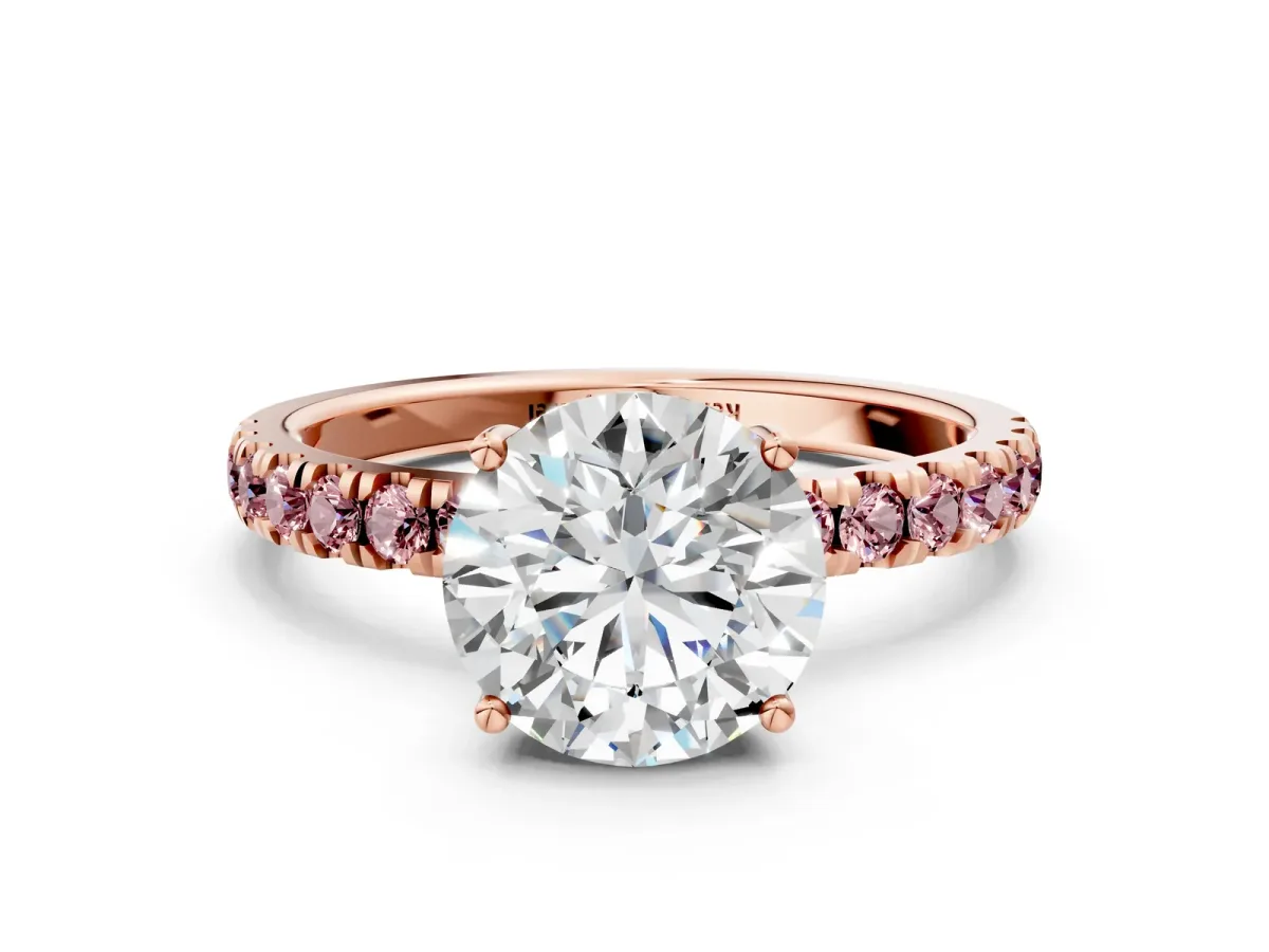 Round Cut Diamond Pave Band Solitaire Ring with Round Morganite and Prong Setting Rose gold