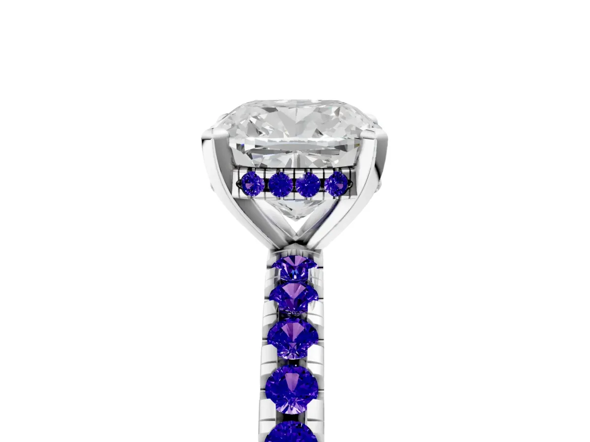 Cushion Cut Diamond Solitaire Ring with Round Tanzanite Pavé Band and Four-Prong Setting Silver
