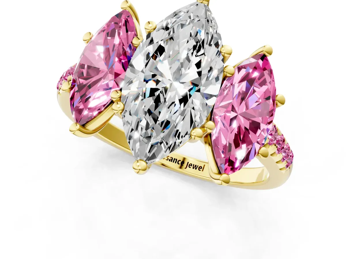 Three-Stone Marquise Cut Diamond Ring with Round Pink Sapphire Pavé Band and Prong Setting Yellow gold