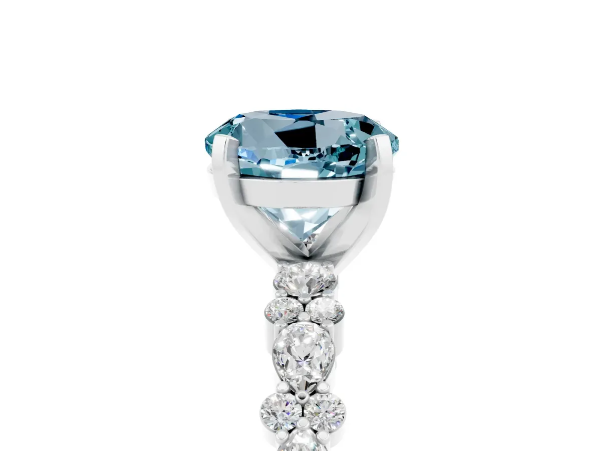 Round Cut Aquamarine Side Stone Solitaire Ring with Round and Four-Prong Setting White gold
