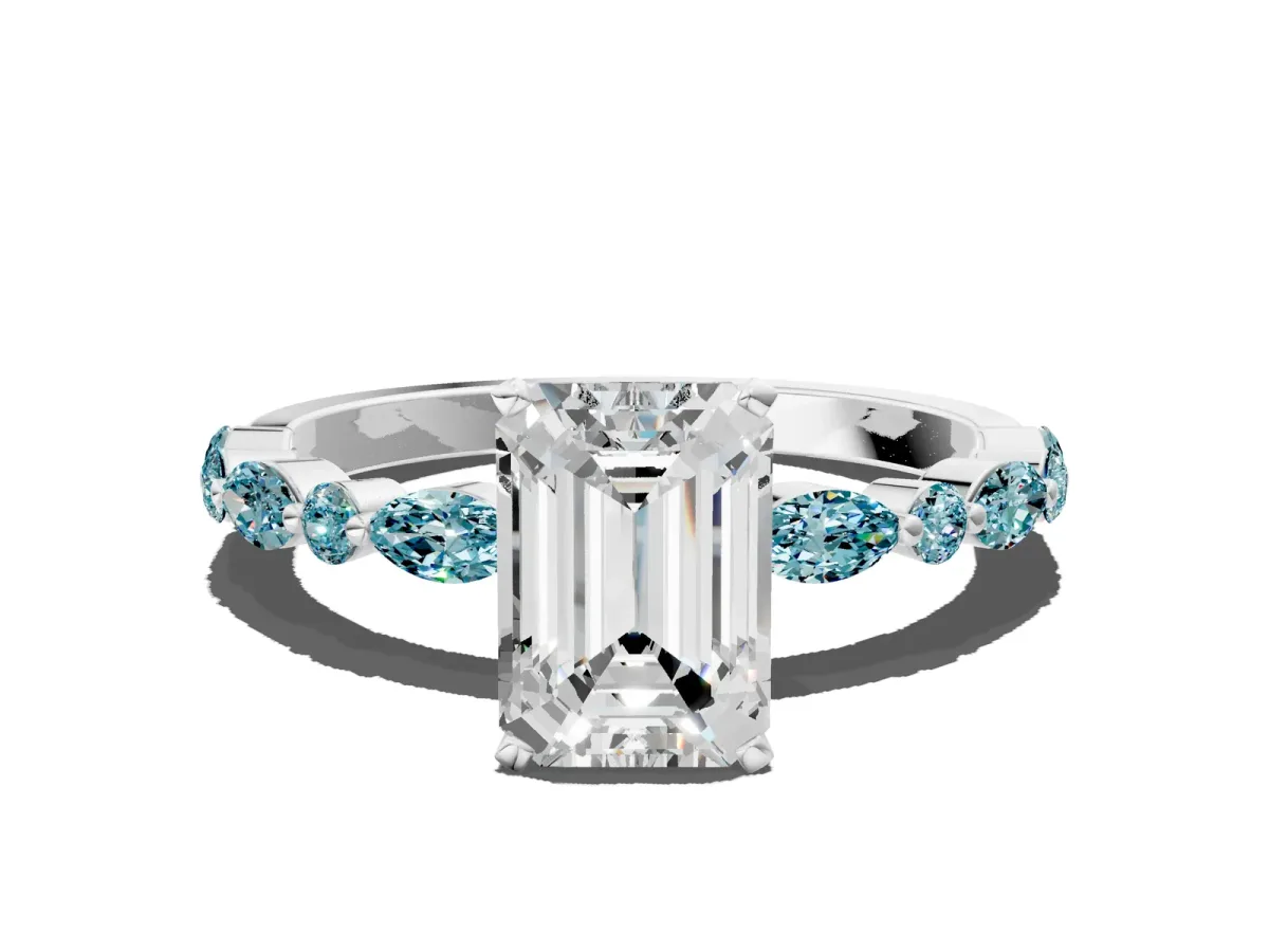 Emerald Cut Diamond Ring with Marquise and Round Blue Topaz Side Stones and Four-Prong Setting Silver